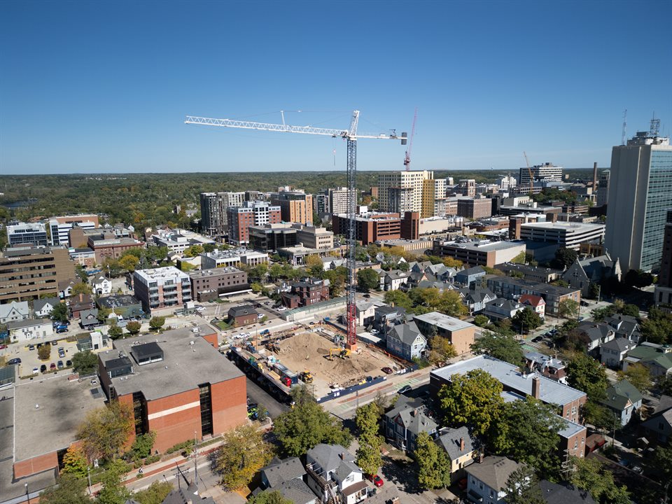Commercial construction site photographed from the air