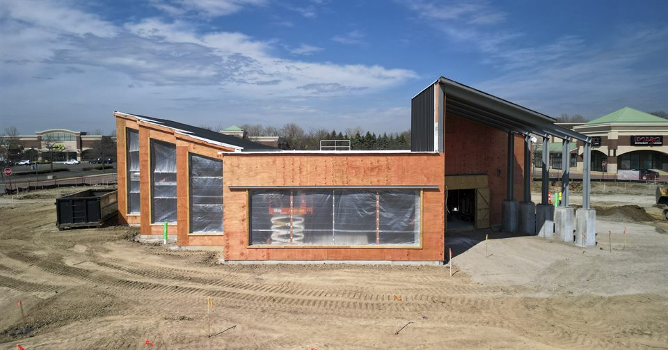Completed brick and glass building facade